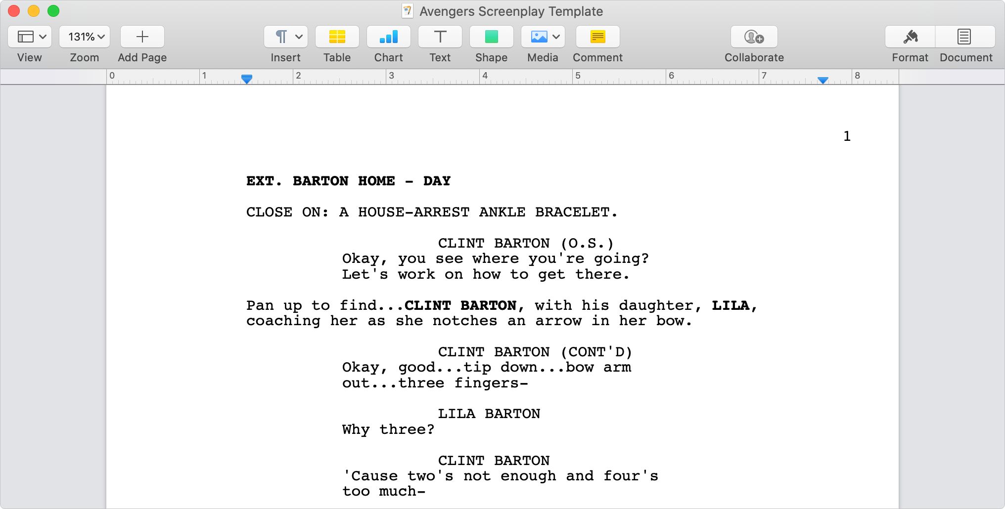 Avengers Endgame screenplay template in Apple Pages - Come formattare una sceneggiatura