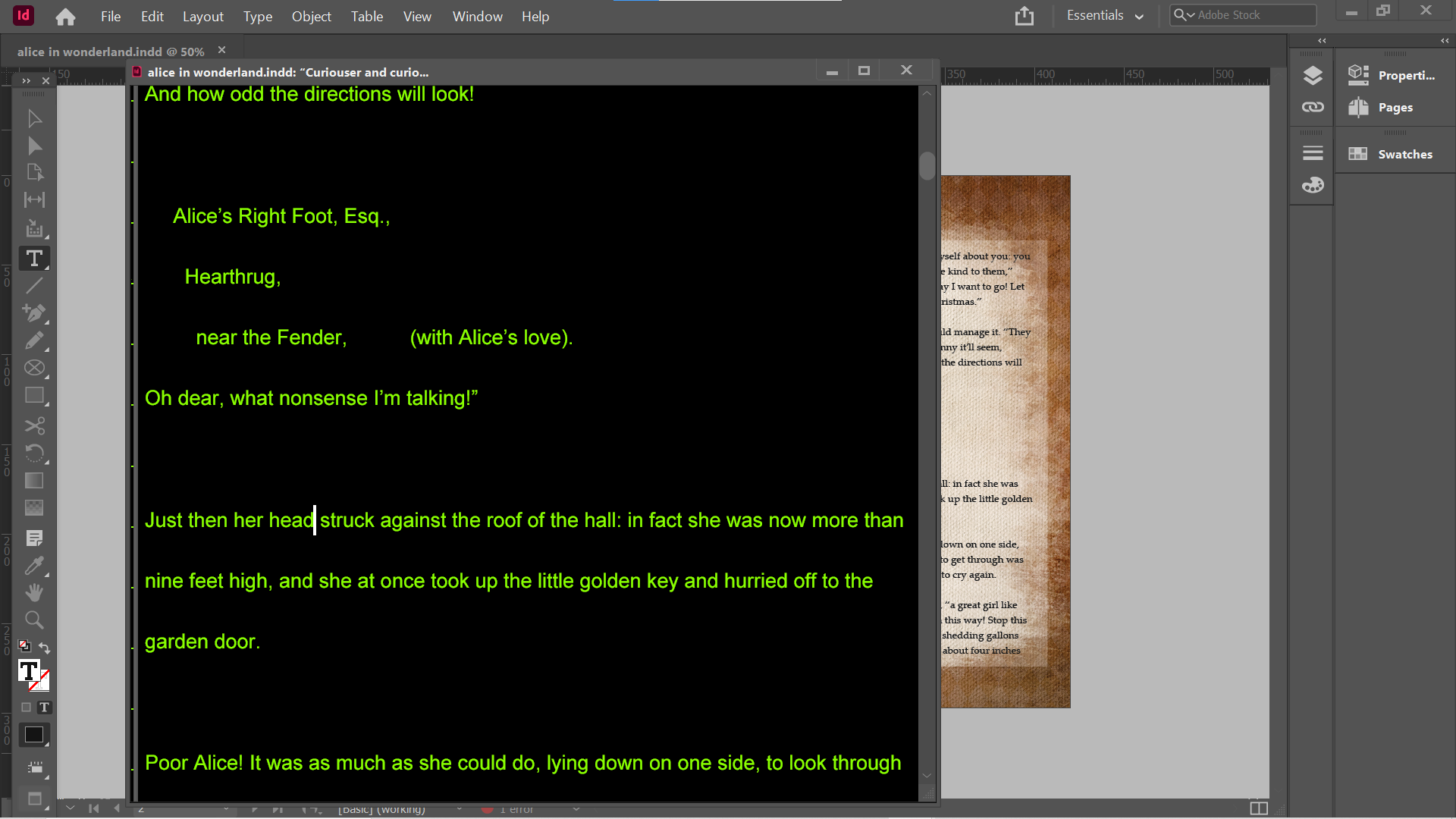 indesign story editor green on black double spaced - Come utilizzare Adobe InDesign Story Editor
